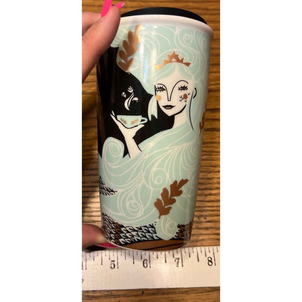 Starbucks 2018 Holiday Siren Mermaid Ceramic Tumbler Mug 12 oz Green Black